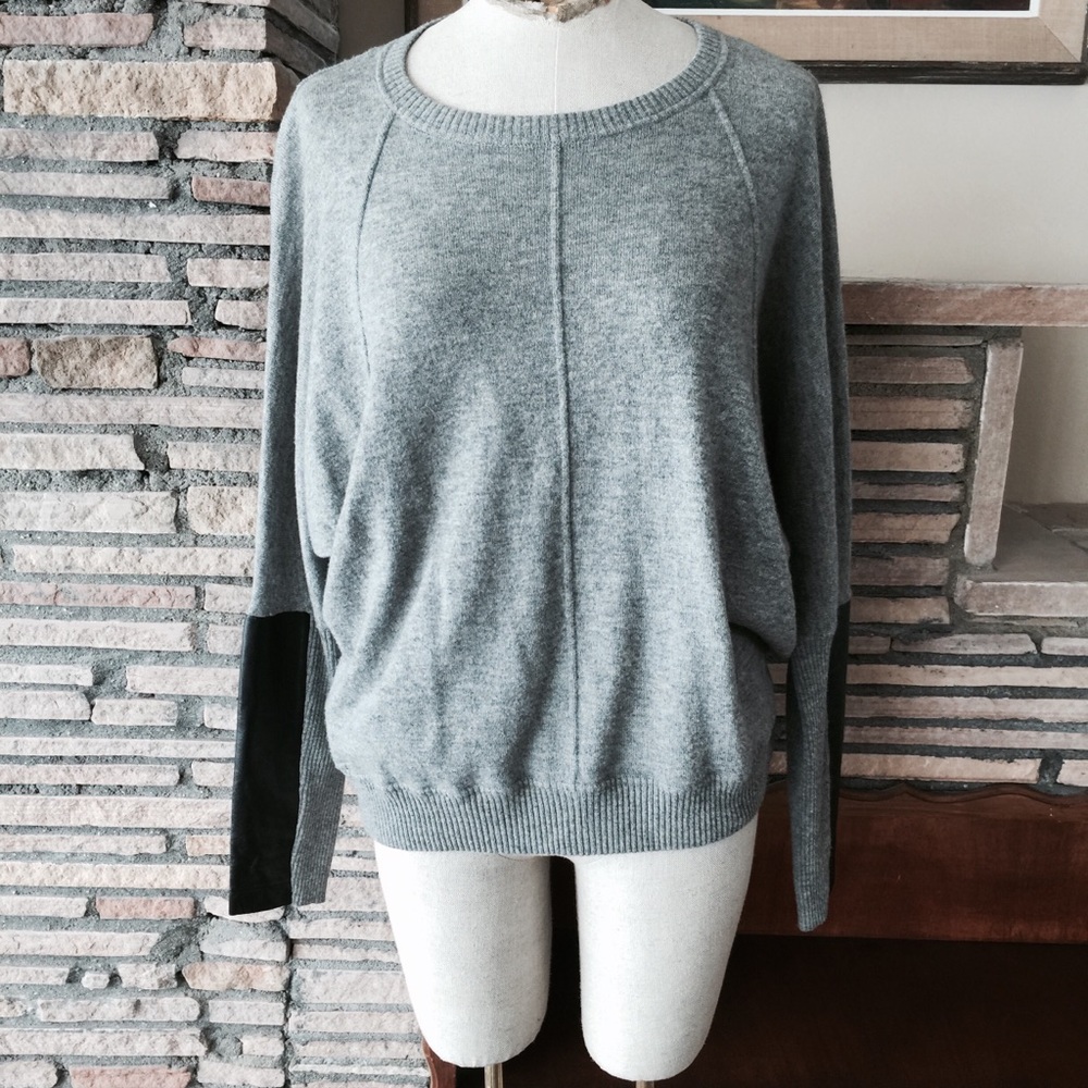 Autumn Cashmere grey sweater, leather trim, L